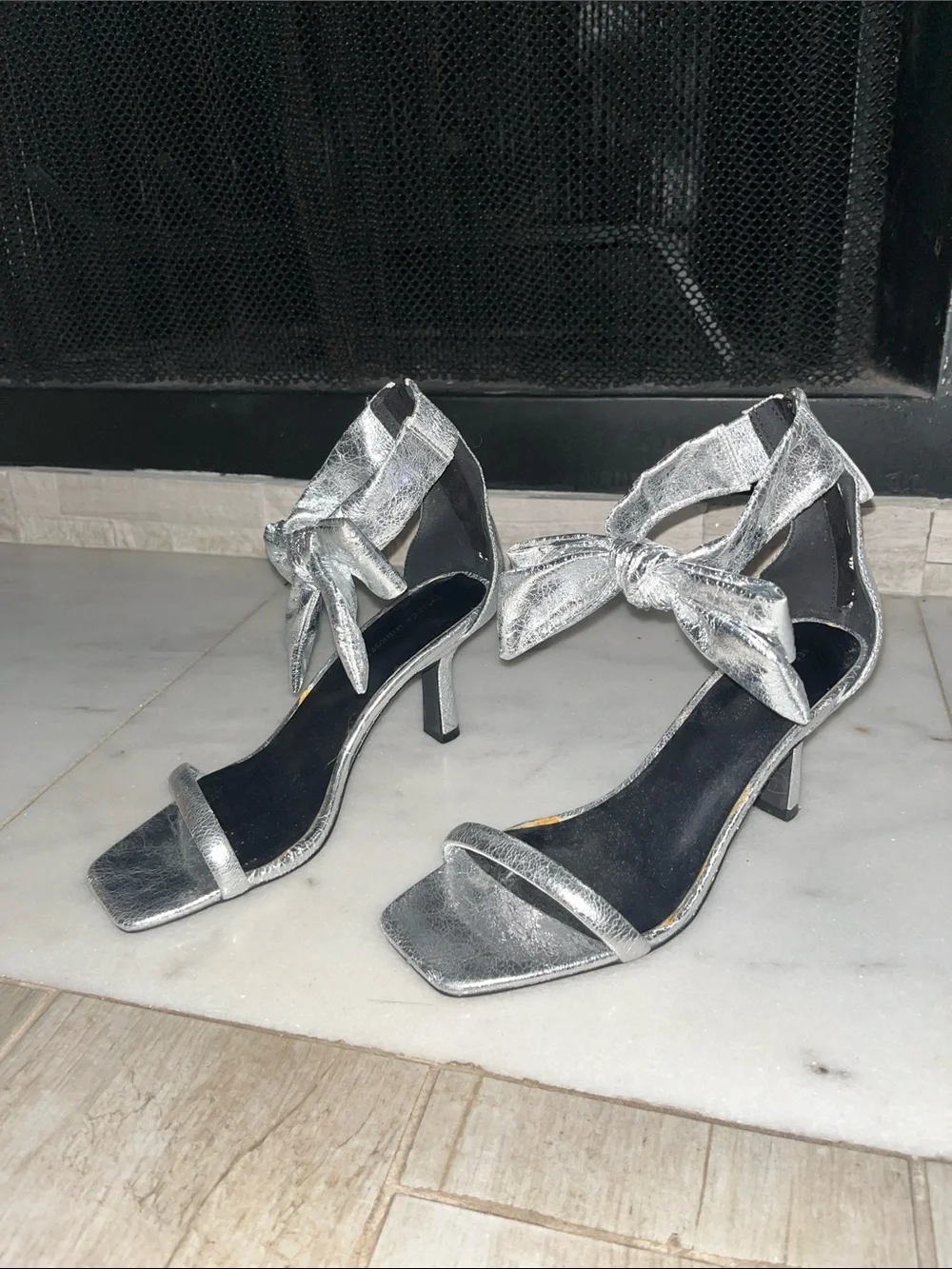 Rebecca Minkoff Silver Bow Ankle-Strap Heels